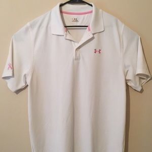 Mens Under Armour White Breast Cancer Golf Polo LG